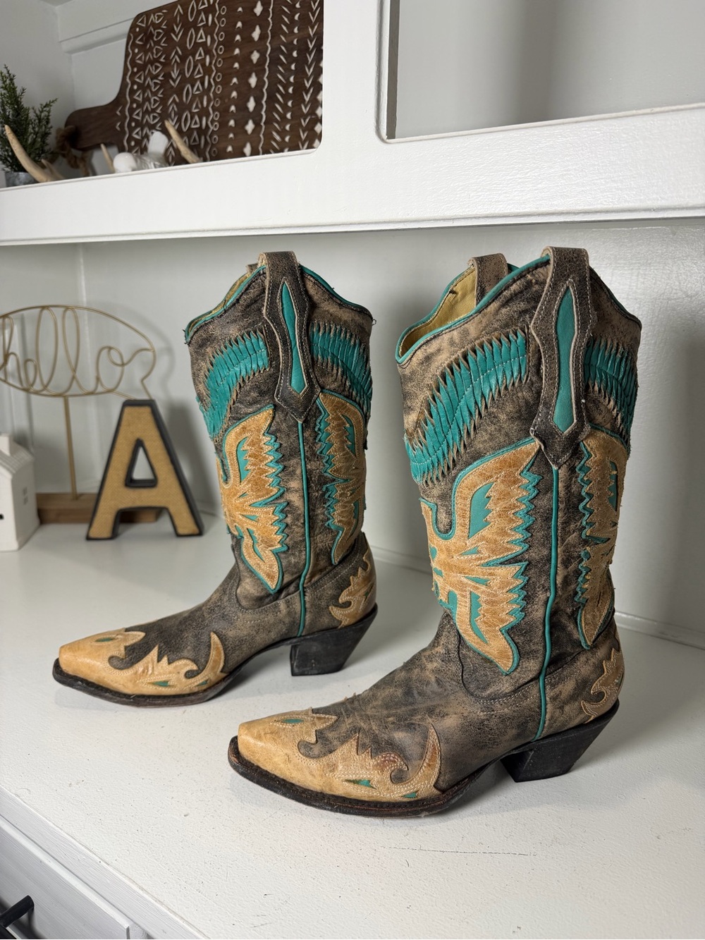 Corral Womens 7.5M Turquoise Embroidered Distressed Leather Cowboy Boots
